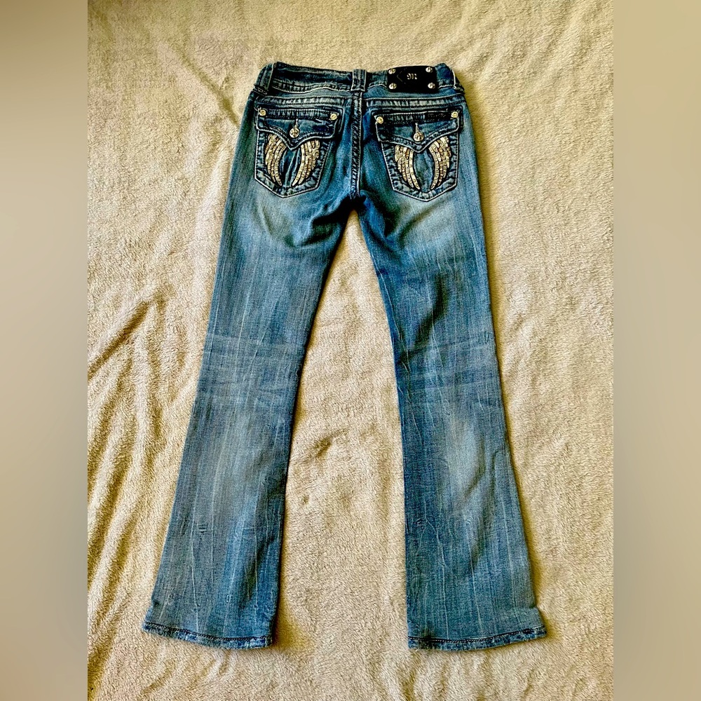Miss Me Boot Cut Denim Blue Jeans Wing Diamond Rhinestone Stitched Women's Sz 26